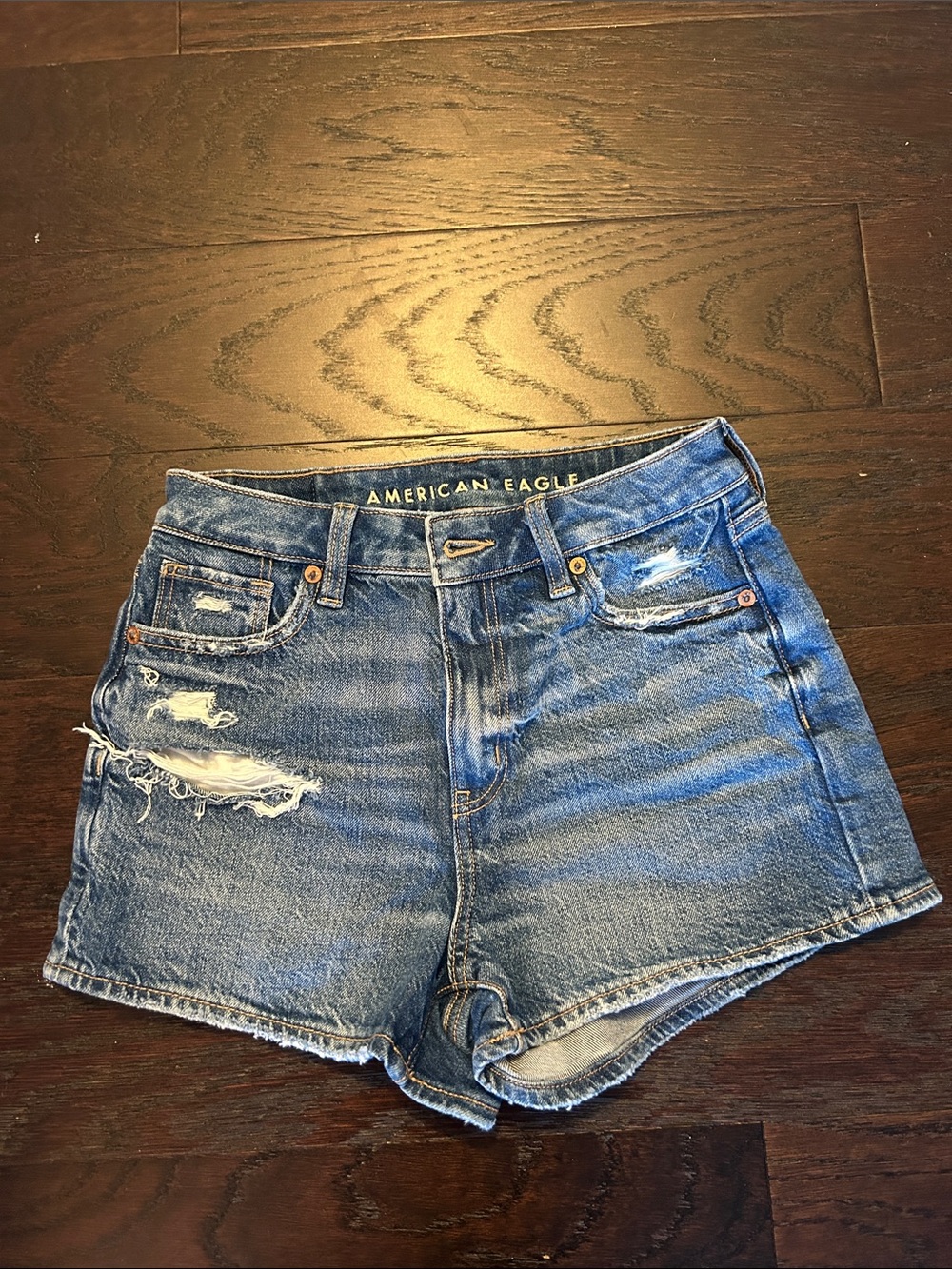 American Eagle Medium Blue Distressed High-Rise Denim Mom Shorts